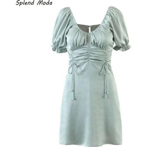 French Vintage 2021 Summer New Sexy V-Neck Solid Color Folds Puff Sleeves A-Line Elegant Women Dress Buttons Mini Vestido