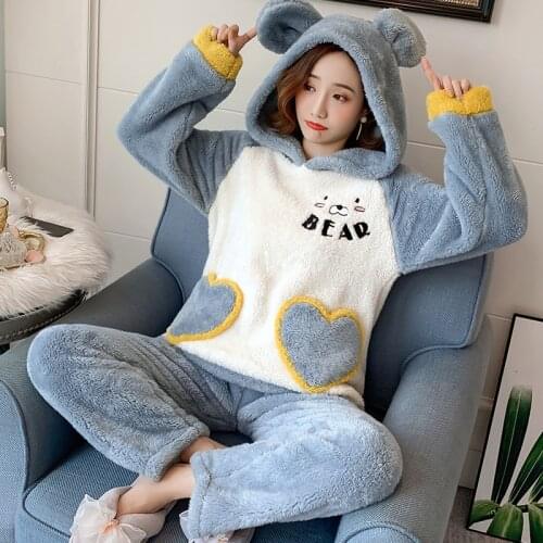 2020 Winter Women Pajama Sets Flannel Cartoon Warm Pyjamas Women Girls Home Clothes Set Animal Sleepwear Pijama Mujer Nightwear
