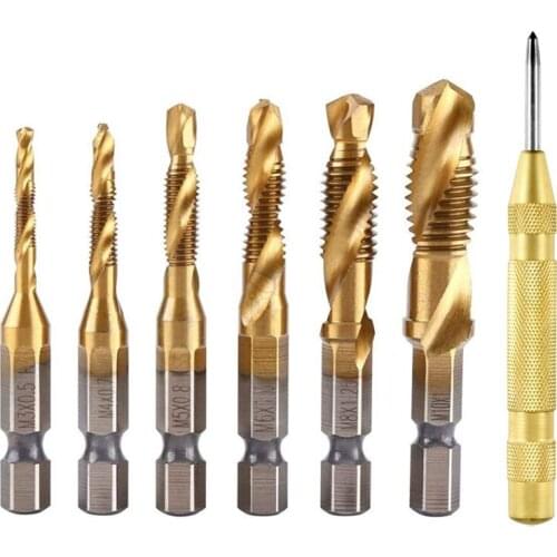 1/4 inch HSS Spiral Hex Shank Combination Drill Screw Tap Bit Set (M3-M10) With Automatic Spring Loaded Center Punch Tool