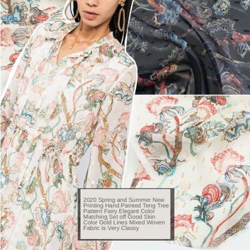 145 * 100cm Spring Summer Show Hand-Painted Tree Vine Flower Gold Lines Mixed Woven Chiffon Clothing Fabric 2020 Best Selling