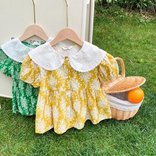 2021 Summer New Baby Girls Floral Printed Blouses Puff Sleeve Tops Peter Pan Collar Korean Style Toddlers Kids Shirts