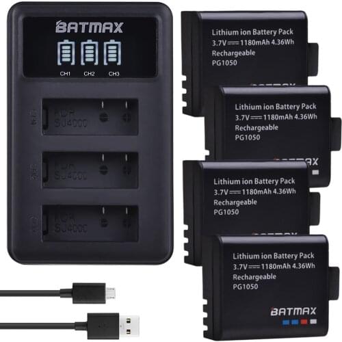4Pcs 1180mAh PG1050 Battery Akku + LED 3-Slots USB Charger for Yi Discory SJCAM SJ4000 SJ5000 SJ6000 SJ8000 EKEN 4K H8 H9