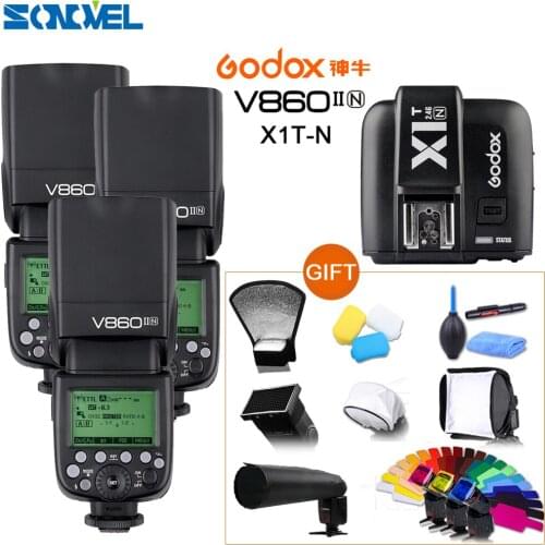 Free DHL Godox 3x V860II-N GN60 i-TTL HSS 1/8000s Flash Speedlite Li-ion Battery + X1T-N Flash Transmitter for Nikon+Gift Kit