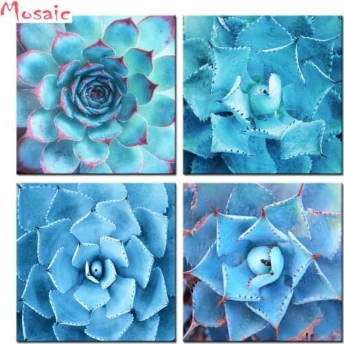 DIY Diamond Embroidery Succulent Canvas Art set of 4,Blue Plant 5D Diamond Painting Cross Stitch Mosaic Pattern Full Rhinestone