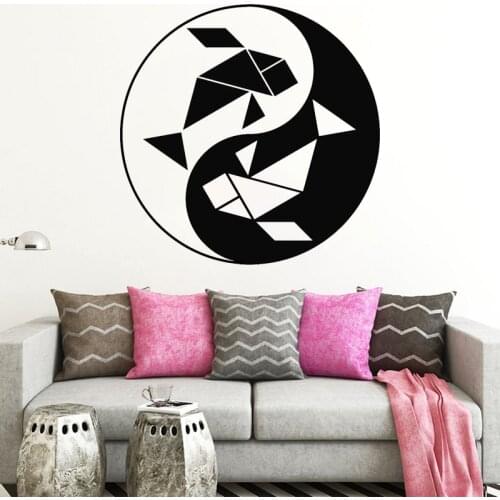 Geometric Fish Sticker Yin Yang Tai Chi Vinyl Wall Decal Asian Style Mural Bedroom Living Room Decoration Creative Home Decor