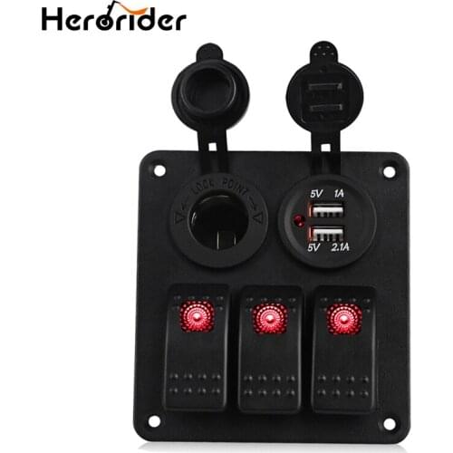 Herorider Marine Boat Car Switch Panel 3 Gang with Cigarette Socket Dual USB Slot Blue LED light Marine Boat Rocker Switch Panel