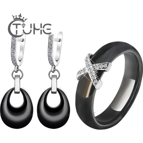 2020 Costume Jewelry Sets Black White Pink Water Drop Pendant Jewelry Earrings X Cross Rings For Women Crystal Wedding Jewelry