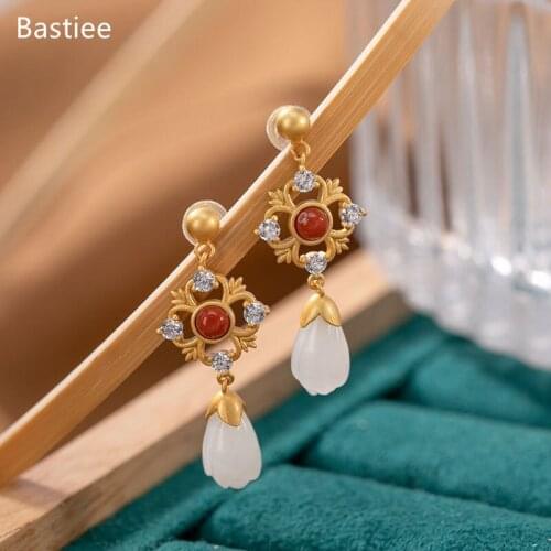 Bastiee Korean Earrings Earrings Silver 925 Jewelry For Women Jade Golden Plated Long Earrings Vintage Silver Earrings