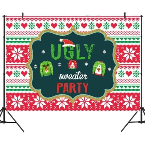 Tacky Christmas Sweater Party Backdrop Red and Green Ugly Xmas Patterns Photography Background Winter Kids Elfed Photobooth