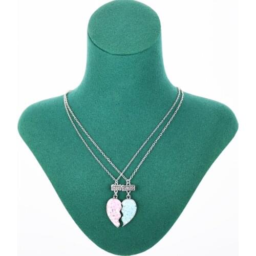 Luoluoyi 2PCS/Set Pink Blue Sequin Stitching Heart Broken Best Friends Necklace Pendant Chain BFF Friendship Jewelry