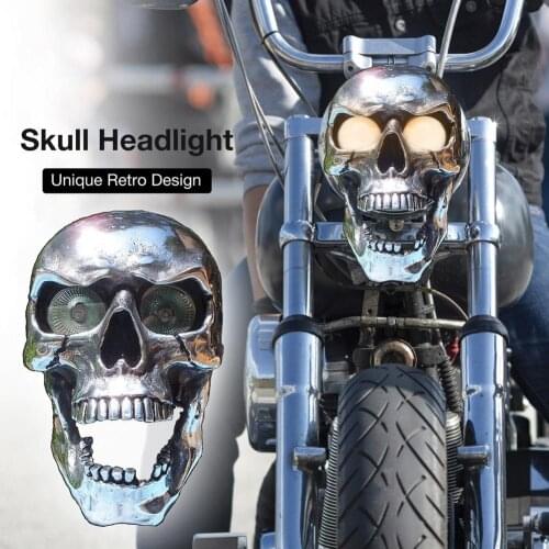 Motorcycle Skull Headlight Front LED Light Metal Skull High Low Beam HeadlLamp Halloween Gifts Motorcycle Decorative Lights
