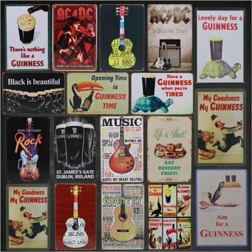 Music Guitar Tin Sign Plaque Vintage Open Time Is Guinnesstime Rock Guitar Bar Band Wall Poster Wall Decor Iron Painting