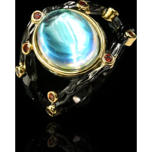 CIZEVA Charms Jewelry Creative Moonstone Black Gold Ring for Women Exaggerated Luxury 925 Sterling Silver Cocktail Party Rings