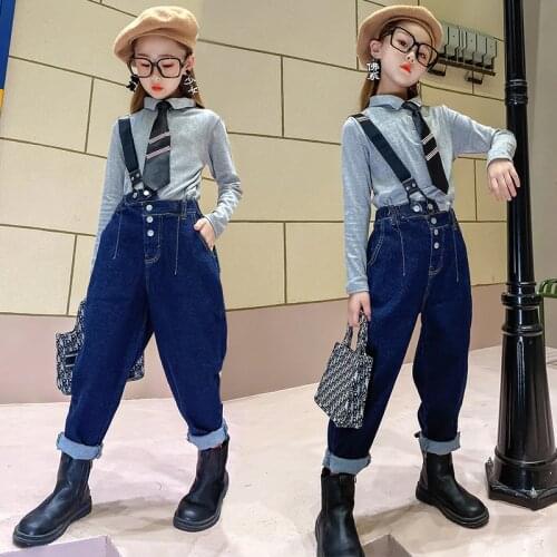 British Teens Girls Clothes Tie Sweatshirt Tops Single strap Jeans braces pants Suits 5 6 7 8 9 10 11 12 Years Outfits Kids Sets