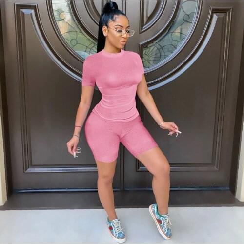 Solid Elastic Hight Ribbed Two Piece Sets 2021 Women Sexy Short Sleeve Bandage Crop T-shirt Bodycon Shorts Co-ord Matching Suit