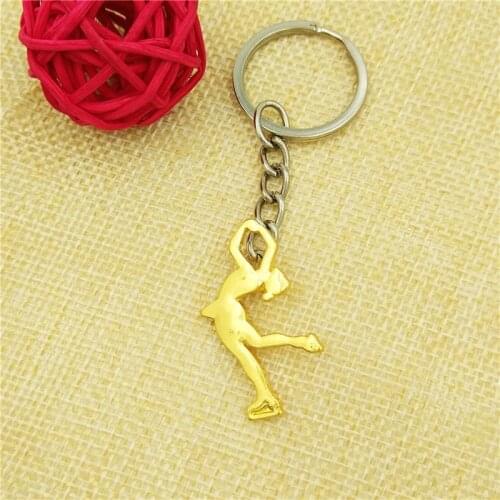 Wholesale Fashion Women Figure Skating Keychains Women Bag Pendant Charm Car Key Ring Speed Skate Jewelry Gold Color