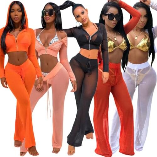 Beach Wear 2 Piece Set Summer Mesh Sheer Bikini Cover Up Long Sleeve Hooded Crop Top Pants Clothes Set Swimwear Beach Cover Up