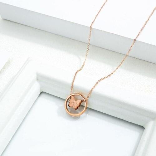 Rose Gold Pretty Butterfly Circle Necklace in Stainless Steel Butterfly Circle Round Charm