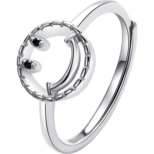 SILVERHOO Sterling Silver 925 Jewelry Ring For Women Hollow out Happy Smile Rings Girl Ladies Engagement Wedding Accessories