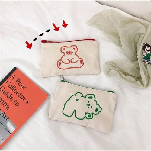 SIXONE Ins Concise Embroidery Bear Pencil Case Cosmetic Bag Kawaii Large Capacity Student Canvas Storage Bag School Stationery
