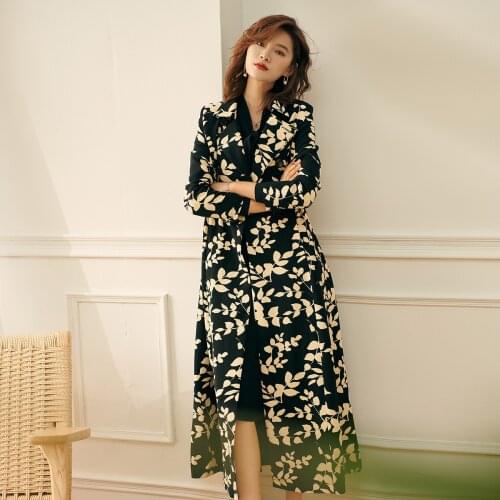 Spring Fall Fashion Woman Clothes Double Breasted Dobby Floral Long Trench Coat , High Waisted Windbreaker Coats for Women