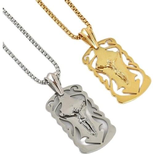 Hollow out Stainless steel Jesus cross dog tag pendant necklace Gold color religious Christian Jesus Crucifix necklace praying jewelry for men women Christian