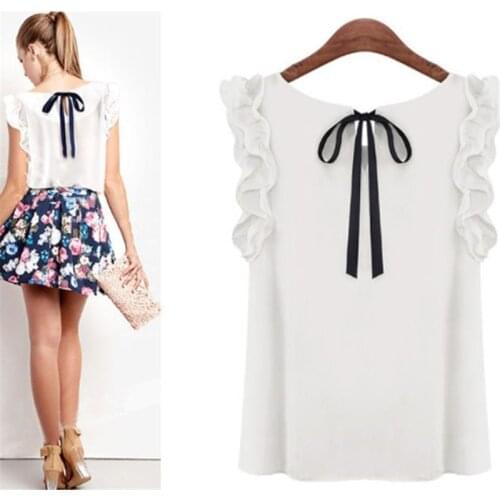 Summer 2021 Sexy Chiffon Shirt Womens Elegant Bow Tie Blouse Casual O-Neck Butterfly Sleeveless White Women Blouse Roupas
