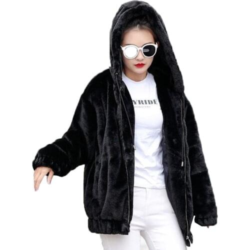 2021Winter New Loose Plush Ladies Jacket Long Sleeve Plus Velvet Thickening Imitate Rabbit Fur Mid Long Hooded Womens Outerwear