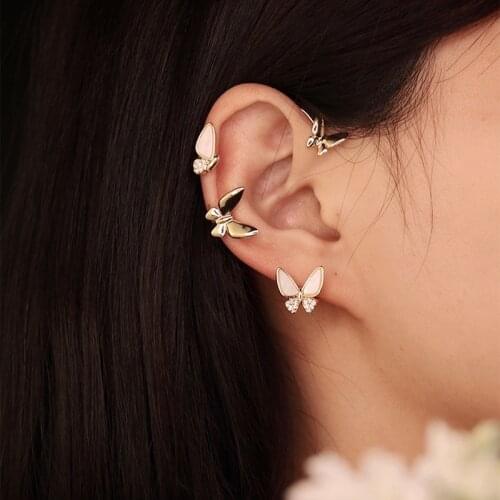 White Fritillaria Rhinestone Butterfly Ear Clips Without Pierced Ears Women Korean 2021 New Ear Bone Clip Fashion Earring Jacket