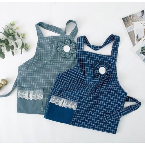 65*95cm Flower Patch Pocket Women Kitchen Apron Cooking Waterproof Oil-Proof Plaid Cotton Coffee Pinafore Cleaning Bib 46439