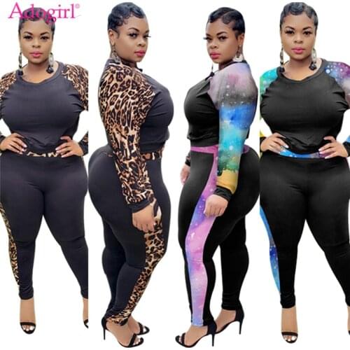 Adogir L-5XL Plus Size Women Casual Two Piece Set Leopard Tie Dye Print Patchwork Tracksuit Sweatshirt Top Leggings Pants