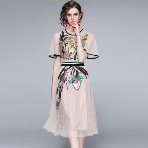 2021 Women Fashion Runway Midi Dress Summer Luxuriy Lotus Leaf Sleeve Sequined Embroidery Princess Slim Mesh A-Line Dresses