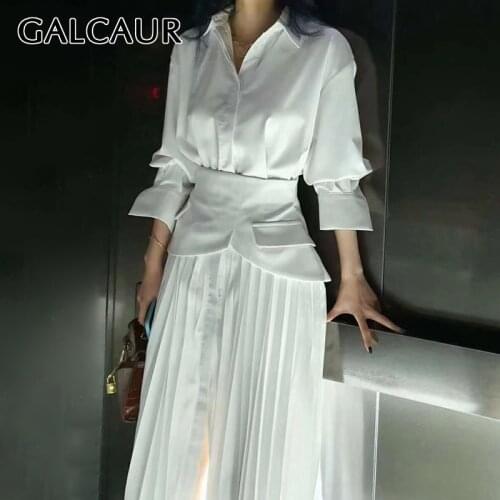 GALCAUR Solid Pleated Dress For Women Lapel Long Sleeve High Waist Patchwork Minimalism Dresses Female 2021 Clothing Fashion New