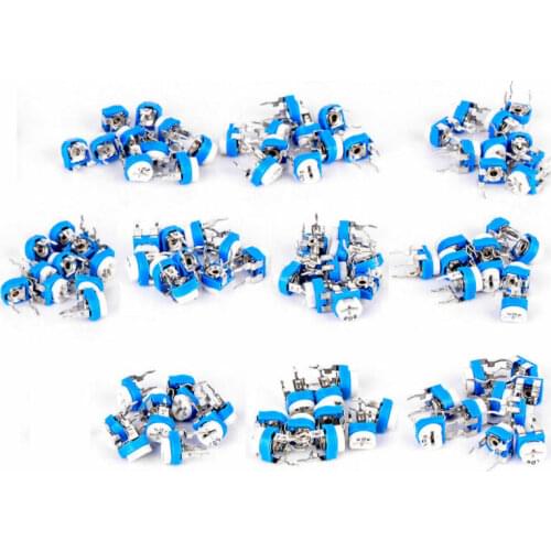 100 10 value potentiometer Trimpot variable resistance blue and white horizontal adjustable resistance potentiometer