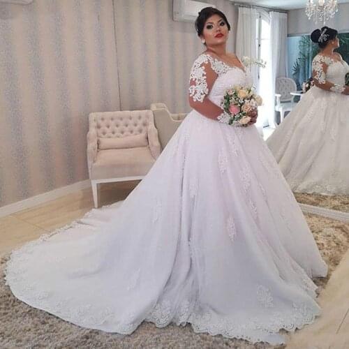 White Lace Appliques Plus size Wedding Dresses Long Sleeves Lace Up Back Wedding Gowns Bride Dresses robe de mariee