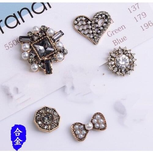 50pcs Anti-Gold Color Zinc Alloy Pearl Crystal Round/Bowknot/Flower Beads Charm for Hair DIY Handmade Jewelry Making Wholesale