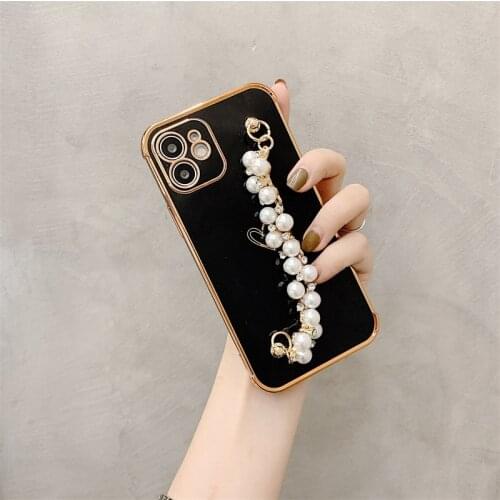 Luxury Electroplate pearl Wrist Bracelet Phone Case For iPhone 11 12 Pro Max XS XR 7 8 Plus SE gold plate Love heart soft Cover