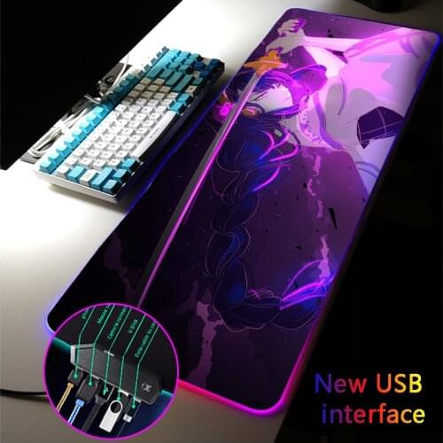 Anime Girl Baal RGB Gaming Genshin Impact Large Size Mouse Pad Mousepad LED 4-Port USB Hub Mouse Mat for Desk Computer PC Games