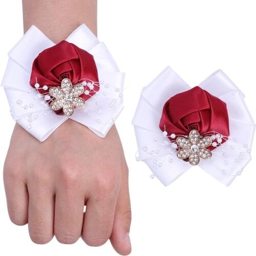 Exquisite Crystal Corsage Wrist Flower Groom Lapel Pin Rhinestone Pearl Ladies Wristband Party Wedding Dress Accessories XH060