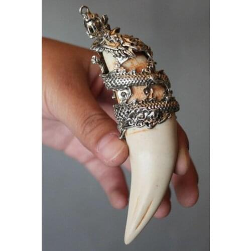 Chinese Antique Boars Tooth Wild Hog Silver Dragon protective talisman Pendant