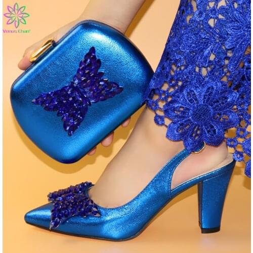 Nice Shoes and Bag Set African Sets 2019 blue Color Italian Shoe Bag Set Decorated with Rhinestone High Quality