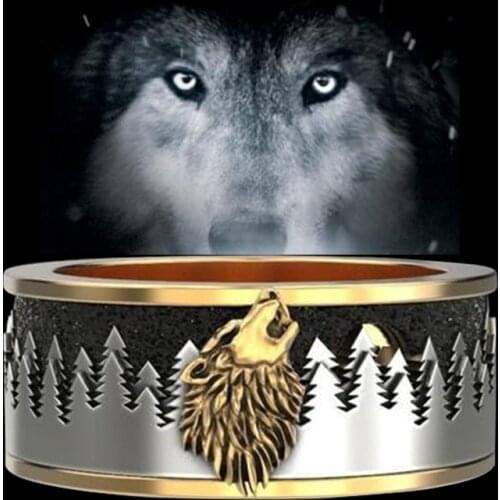 SECRET BOYS Mens Retro Forest Wolf Rings Yellow Gold Color Punk Biker Ring Wedding Band Ring Vintage Jewelry