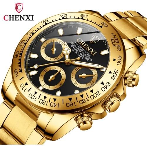 Fashion Luxury Top Brand CHENXI Mens Gold Watch Black Stylish 30 Meter Waterproof Luminous Hands Casual Male Golden Wristwatch