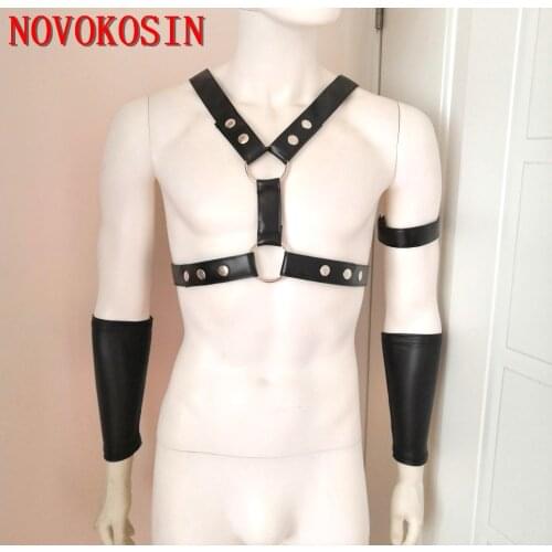Summer Style 2021 5 Pieces Men Fitness Faux Leather Bandage Tops Tees Tanks Open Bra Sexy Iron Ring PU Tight Lingerie