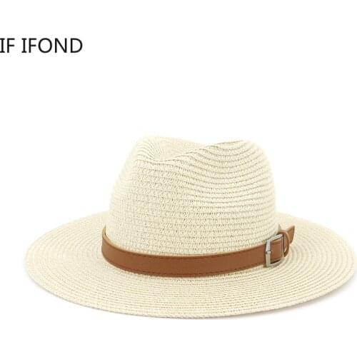 Solid Color Wide Side Straw Sun Hat With Belt Buckle Summer Panama Beach Straw Hats Breathable Visor Jazz Hat Large Size 60CM