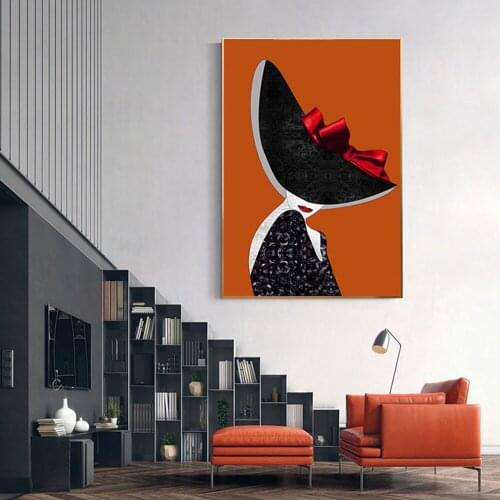 Orange Dress Wearing Hat Light Luxury Noble Woman Poster Canvas Decorative Painting Living Room Bedroom Home Decoration