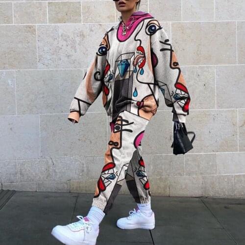 Autumn New WomenS Casual Sweatshirt Suits Fashion Vintage Print Female Pullovers And Pants Streetwear Женский осенний костюм