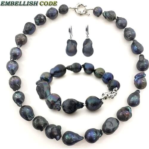 Black color necklace bracelet hook dangle earrings set big size baroque nucleated flame ball shape natural Freshwater pearl nice