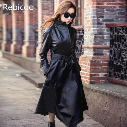 High quality women Pu leather coats spring autumn new fashion brand sashes slim trench female long outerwear tops