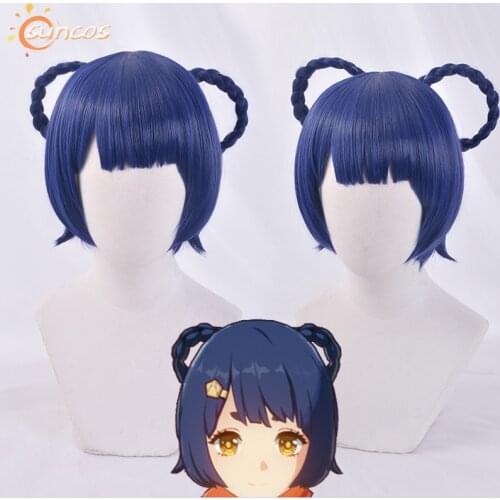 Game Genshin Impact XiangLing Cosplay Wig Dark Blue Short Cosplay Wig Braided Wigs Heat Resistant Synthetic Hair + Wig Cap